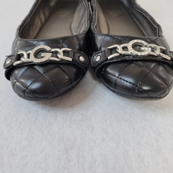 Black Quilted Guess Flats With G Logo & Rhinestones Women's Size 9M - Picture 2 of 7